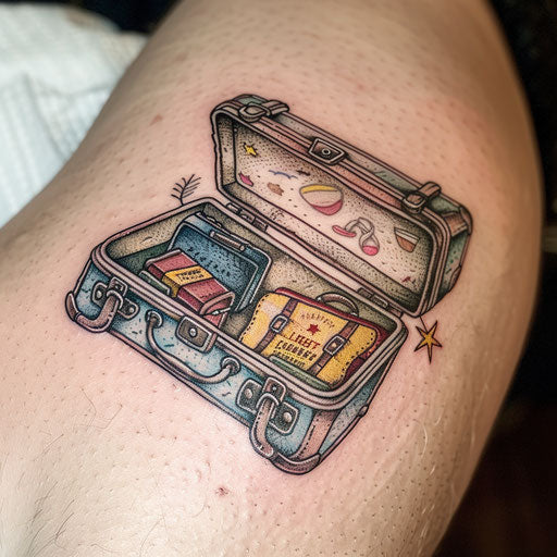 Vintage suitcase tattoo showcasing travel essentials