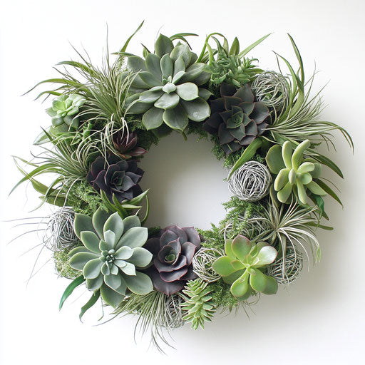 Botanical wreath of succulents and air plants for eco-modern decor