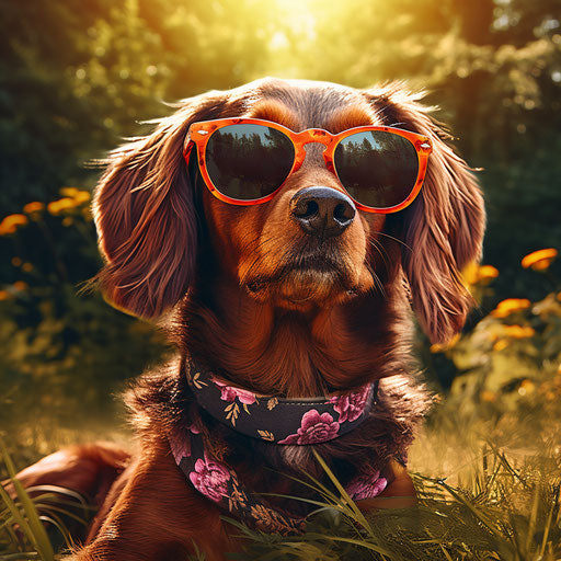 Dog with sunglasses on grass, captivating energy