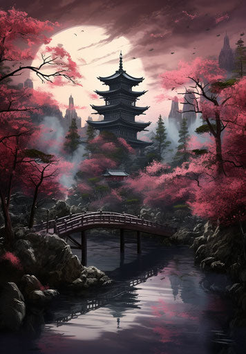 Japanese style painting with trees and pagodas