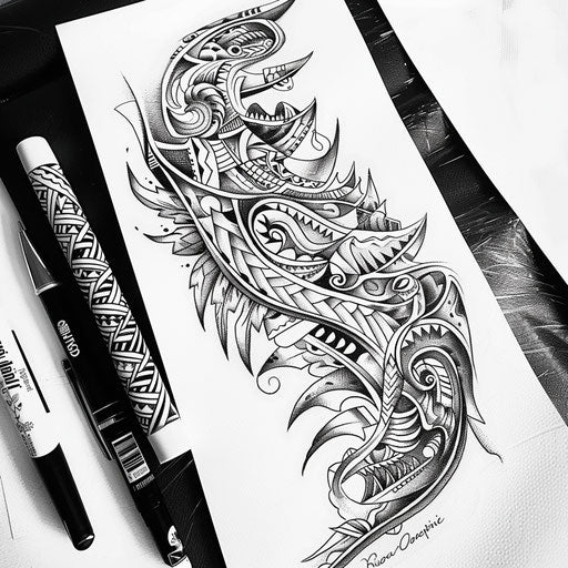 Sketch of a Polynesian tribal tattoo with ocean waves and shark teeth on white background