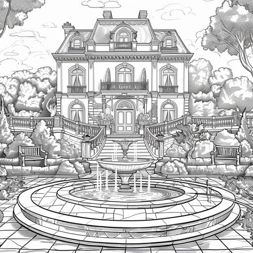 Luxurious mansion with gardens and fountains. Coloring book page