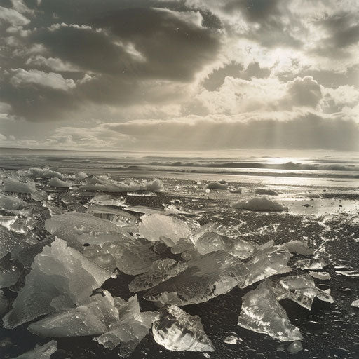 Seascape of Diamond Beach, Iceland with dramatic clouds and shimmering ice