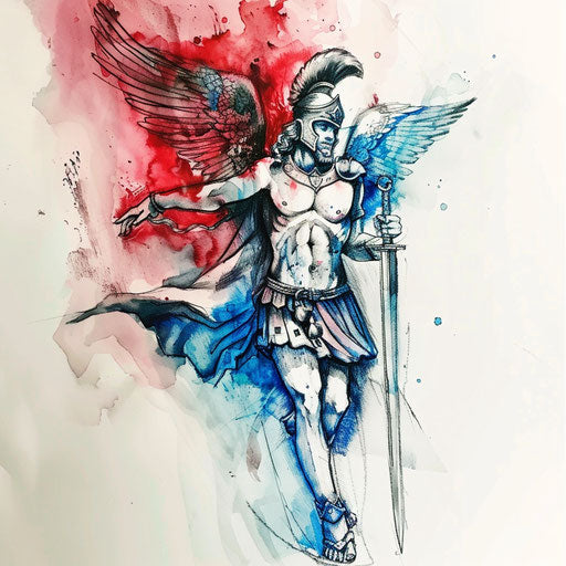 Watercolor tattoo of Saint Michael, mixing blues and reds