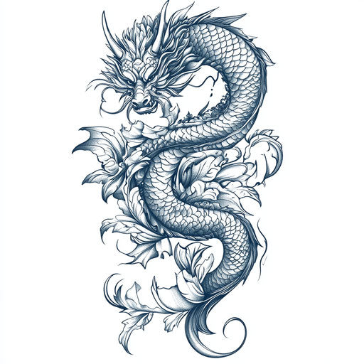 Flat tattoo sketch of thigh with detailed coiling dragon