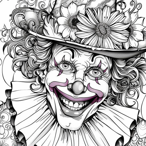 A whimsical clown with a rainbow wig and a flower in his hat. Coloring book page