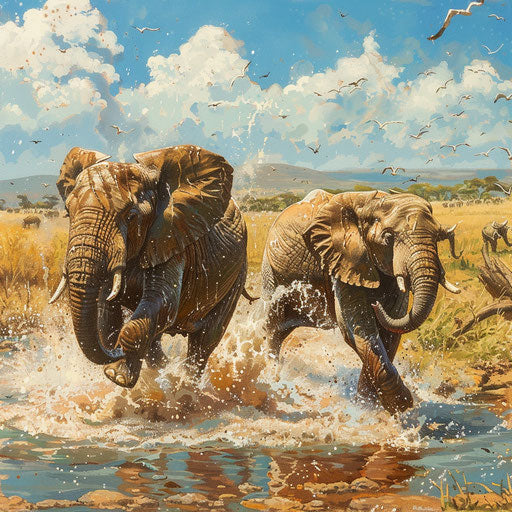 Young elephants playing in a watering hole under the hot sun