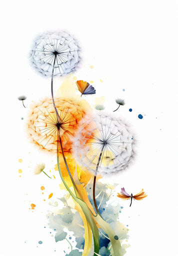 Colorful dandelion with flying birds, digital painting style