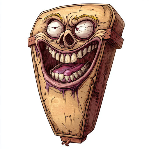 Humorous caricature of a coffin with human characteristics