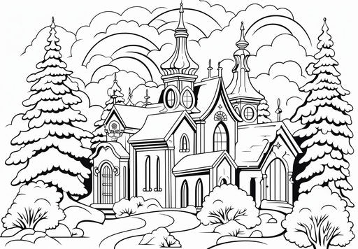 Winter coloring pages, gothic revival style, impasto technique, pastoral settings, elaborate borders, mary blair, scrapbook, religious building 33:23