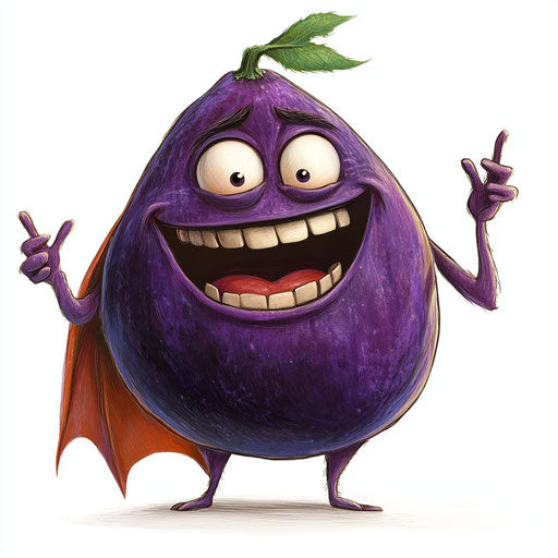 Humorous caricature of a plum with human characteristics, thick eyelashes, thin arms, cape, vibrant colors, cartoon style, laughing, high-resolution, no background, isolated –c 40