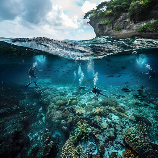 Underwater view at Uluwatu Beach, Indonesia with divers exploring coral reefs