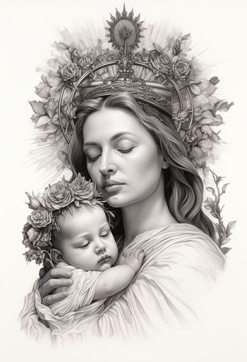 Black and white drawing of a person adorned with a crown