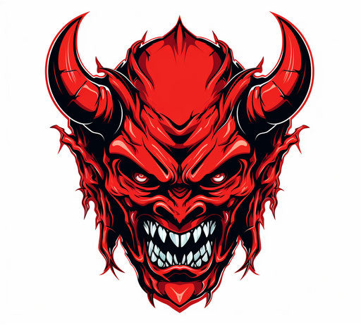 Red devil's head on white background, vibrant neo-traditional style