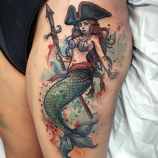 Colorful mermaid tattoo with pirate elements on white background