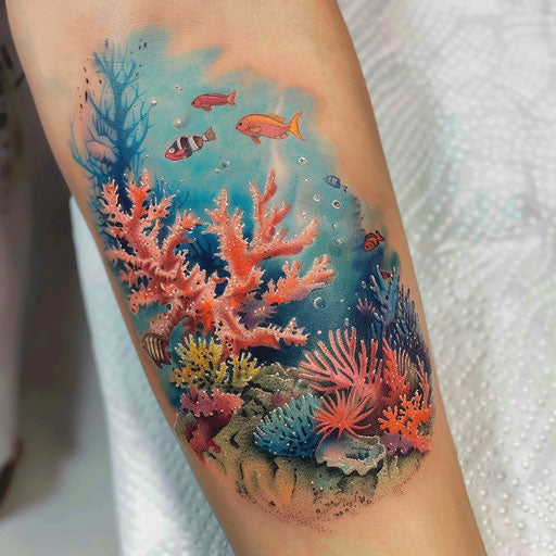 Colorful underwater coral reef scene on white backdrop