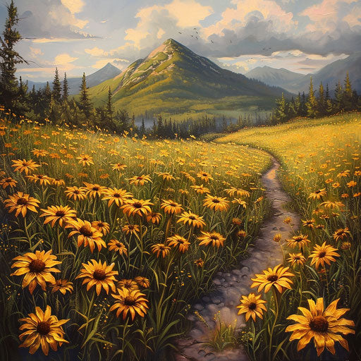 Path of yellow coneflowers to distant mountain