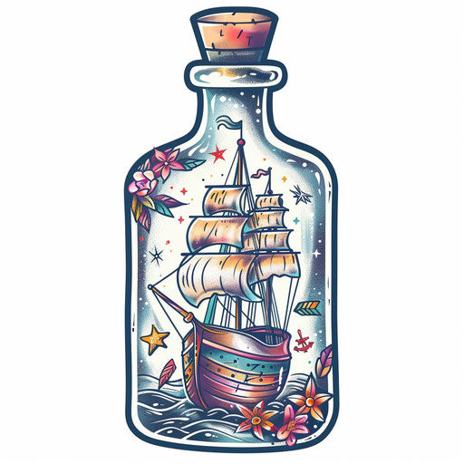 Sailor tattoo with ship in a bottle - illustration