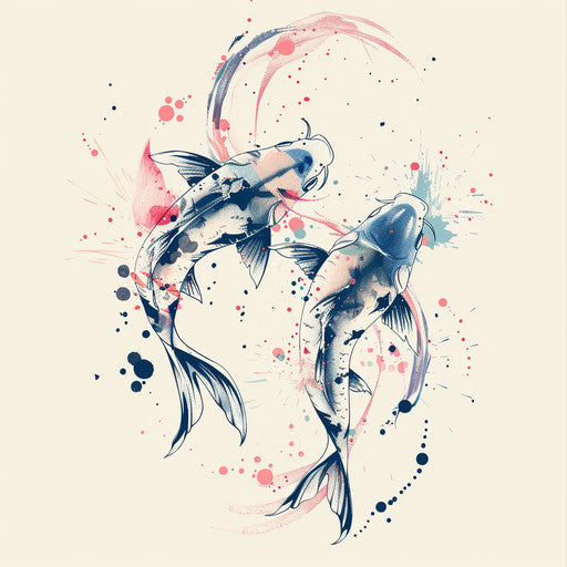 Flat lively tattoo sketch of Pisces constellation with dynamic strokes and pink splash