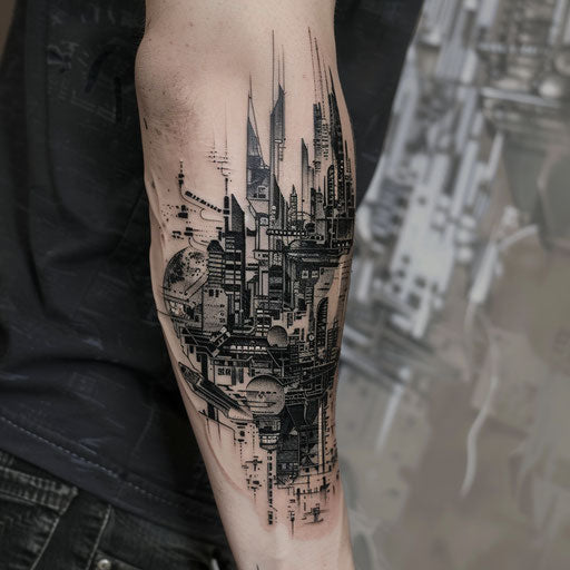 Men's forearm tattoo: futuristic cityscape in J.P. Targete style