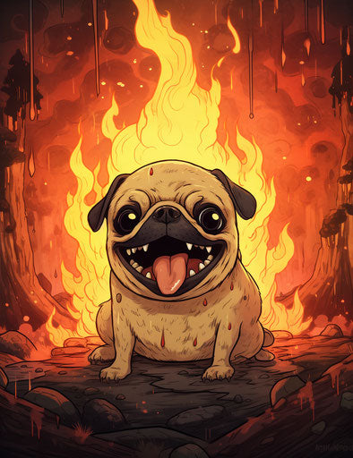 Pug dog on ground, light orange and light maroon style