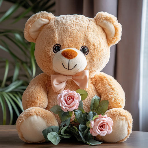 Cute teddy bear with roses and bow tie