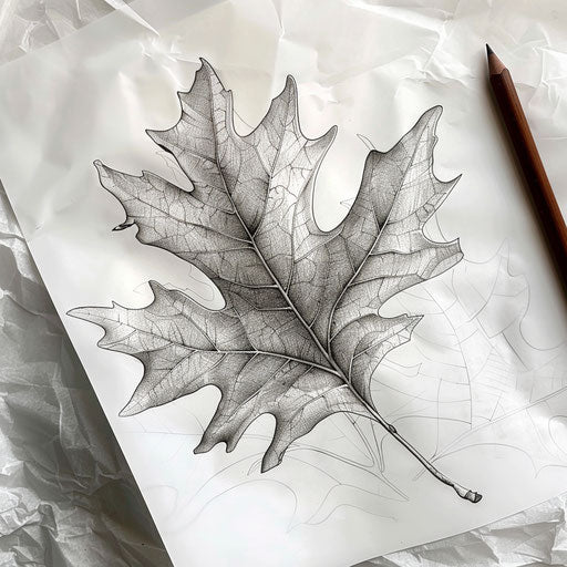 Intricate oak leaf tattoo sketch with fine lines and detailed veins, presented on a white paper texture background.