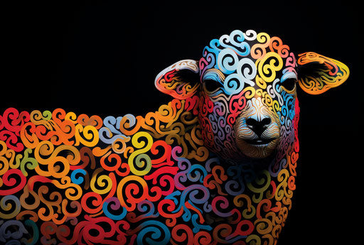 Black sheep surrounded by white curls, artistic doodle style