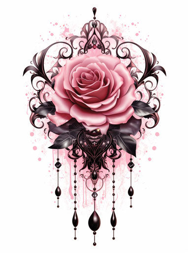Intricate pink rose tattoo design suspended