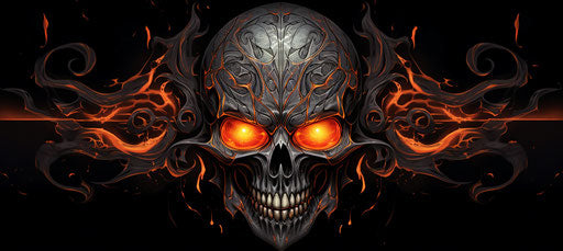 The skull with fiery eyes, black silver, intense emotions