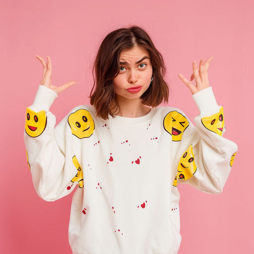 Girl with brown hair in emoji sweatshirt on pink background