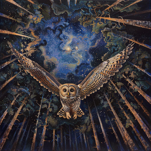 Flight of spotted owl under starry sky in nocturnal forest