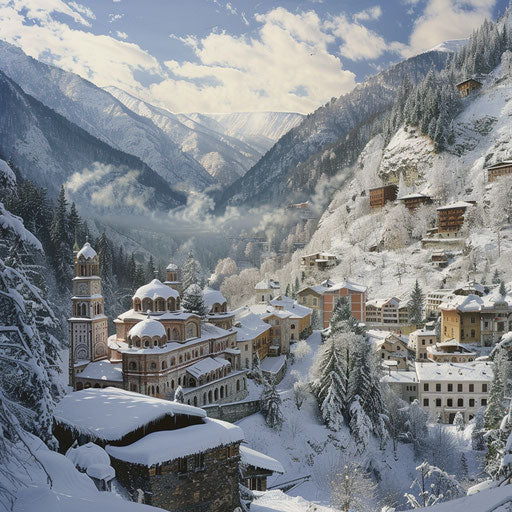 Rila Monastery nestled in snow-covered mountains
