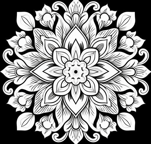 Mandala flower coloring pages, black and white style