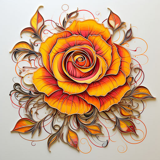 Rose tattoo in yellow and pink, black and white line work