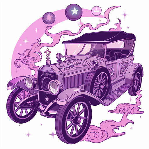 Mystical flat tattoo sketch of an antique car with magical symbols in mystical purples