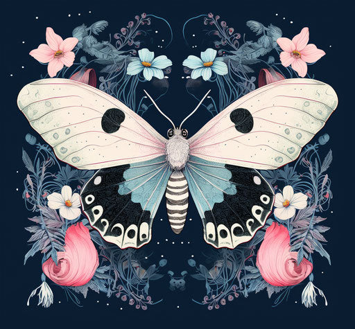 Ink drawing of black moth with iridescent pink spots and white lwojp