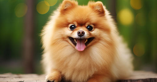 Pomeranian dogs in rounded, light maroon and green style, exaggerated facial features