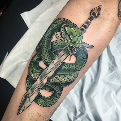 Metallic serpent and dagger on white background