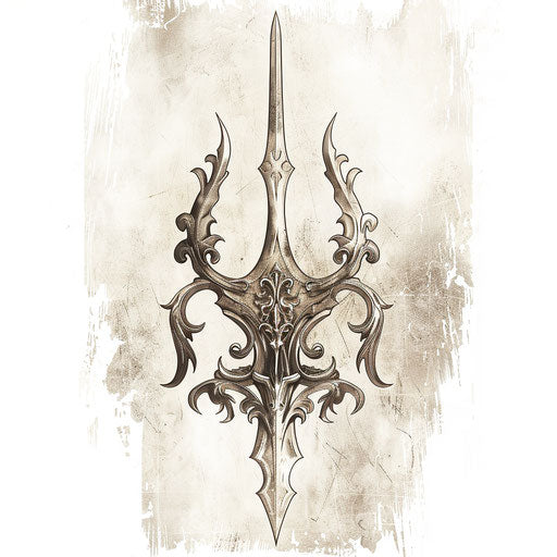Vintage trident tattoo with ornate details, sepia tone