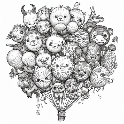 Detailed illustration of balloons shaped like animals. Coloring page