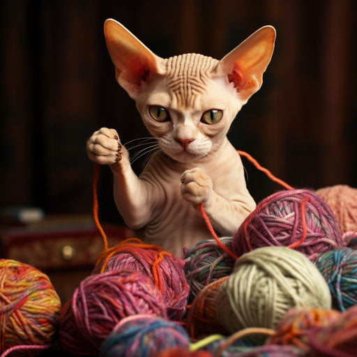 Devon rex cat playing with yarn