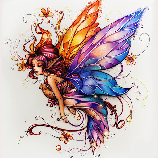Whimsical fairy tattoo design, bright colorful illustration