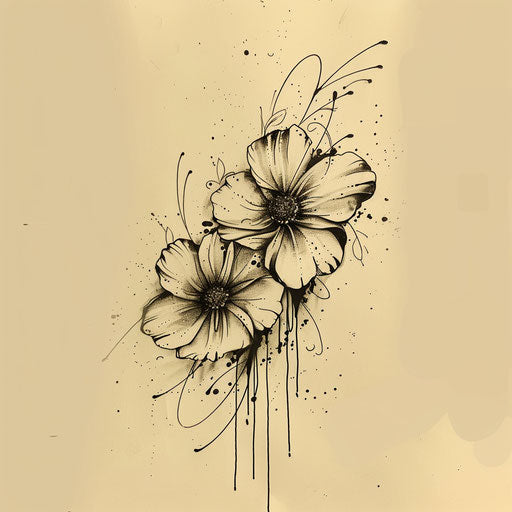 Sketch of abstract tattoo of cosmos flowers with ink splashes
