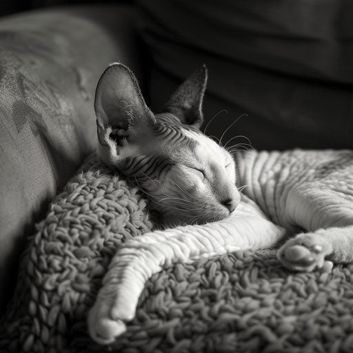Cornish rex cat asleep on a couch