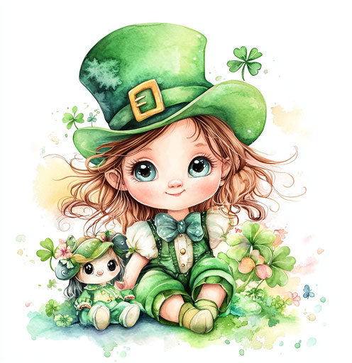St. Patrick's Day baby girl with leprechaun and cute doll
