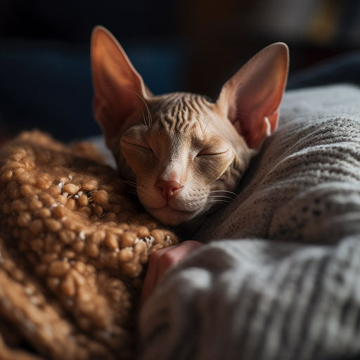 Cornish Rex cat sleeping on a couch with its owner