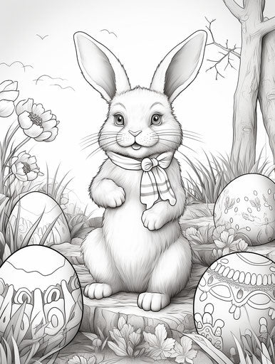 Easter bunny with coloring egg, layered lines style
