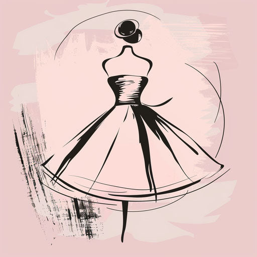 Stylish fashion logo with hand-drawn dress sketch on pastel pink background