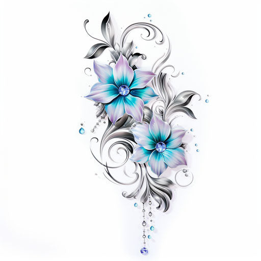 Blue flower and crystal tattoos, luxurious wall hangings style